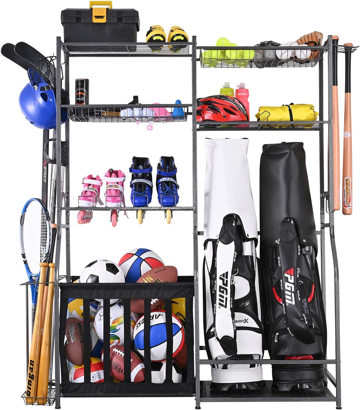 Golf Equipment Garage Organizer - ガレージスポーツ用品収納スタンド、ゴルフバッグオーガナイザーラックフレームコンテナユニット、ボール収納ホルダー棚、伸縮性ストラップ付き、ブラックガレージシステム