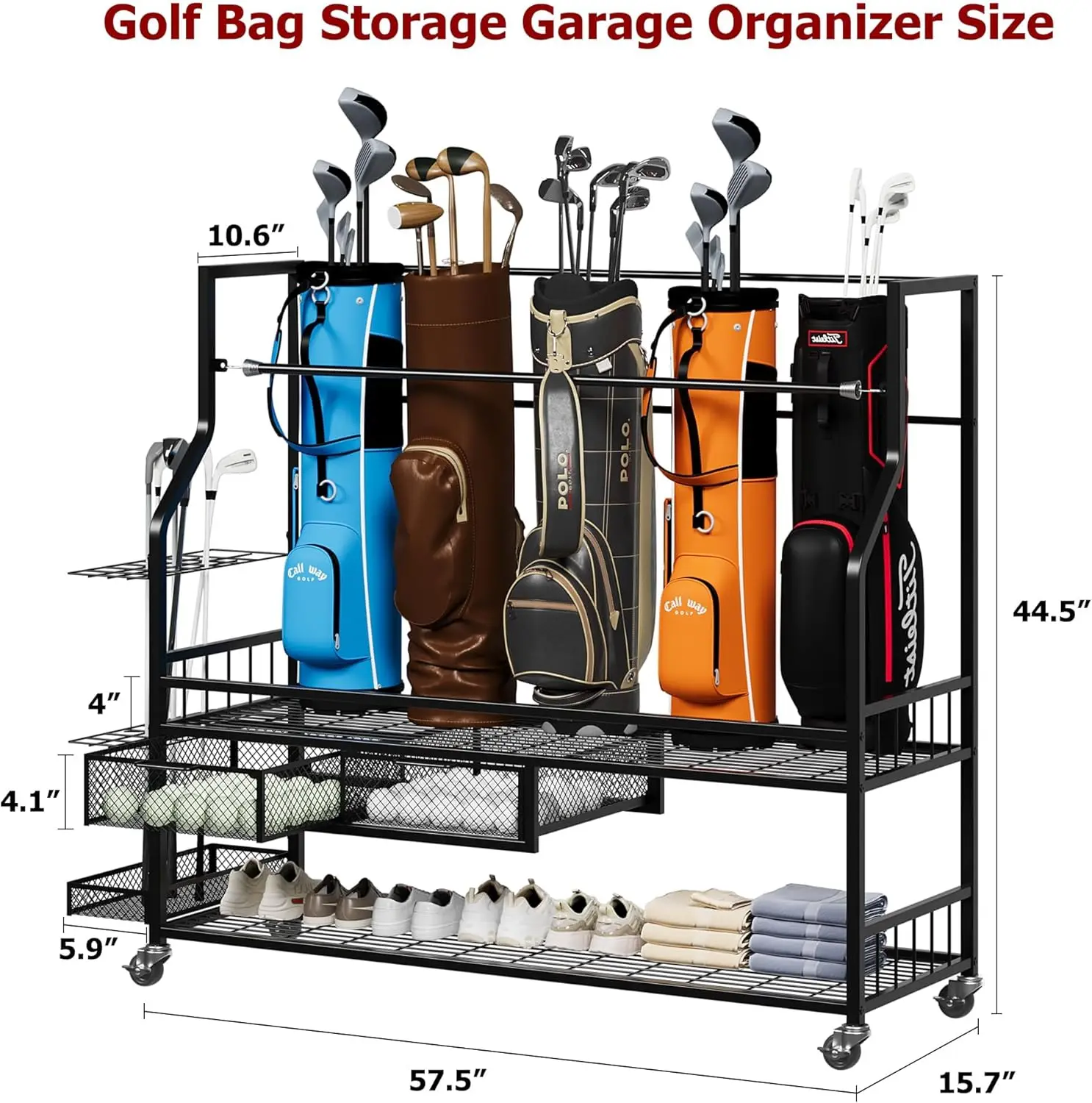Golf Equipment Garage Organizer - 多機能ローリングゴルフバッグ収納棚（車輪付き）金属製スポーツ用品オーガナイザーラック、ガレージ用ゴルフクラブホルダー兼オーガナイザー