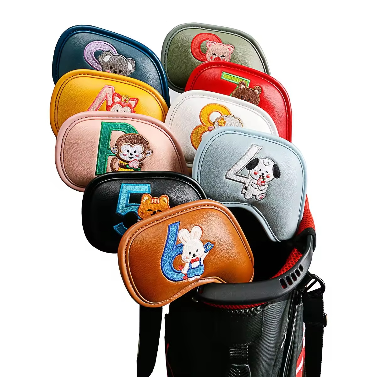Golf Equipment Rack - 9個入りのかわいい漫画風動物ゴルフアイアンヘッドカバー、PUレザー刺繍クラブプロテクター、男性女性ゴルファーへのゴルフアクセサリーギフト