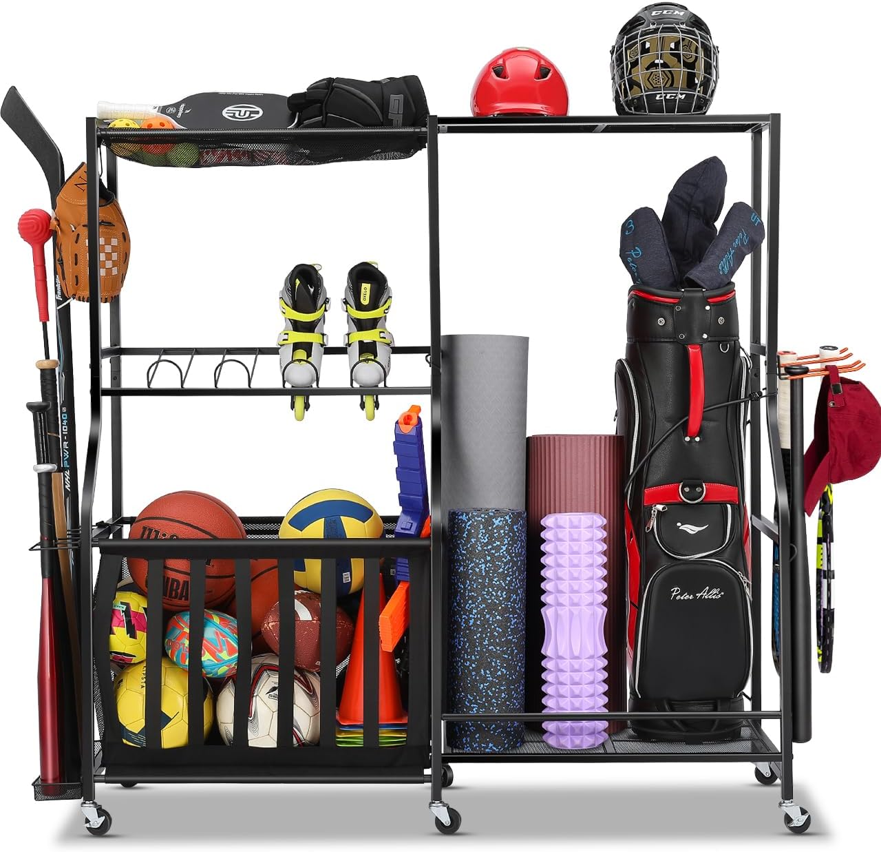 Golf Equipment Garage Organizer - ガレージスポーツ用品オーガナイザー（ホイール付き）ゴルフバッグ収納ラック、ボール収納ビン、頑丈なローリングガレージ収納フレームコンテナシステム、バスケットフック、屋内用、黒