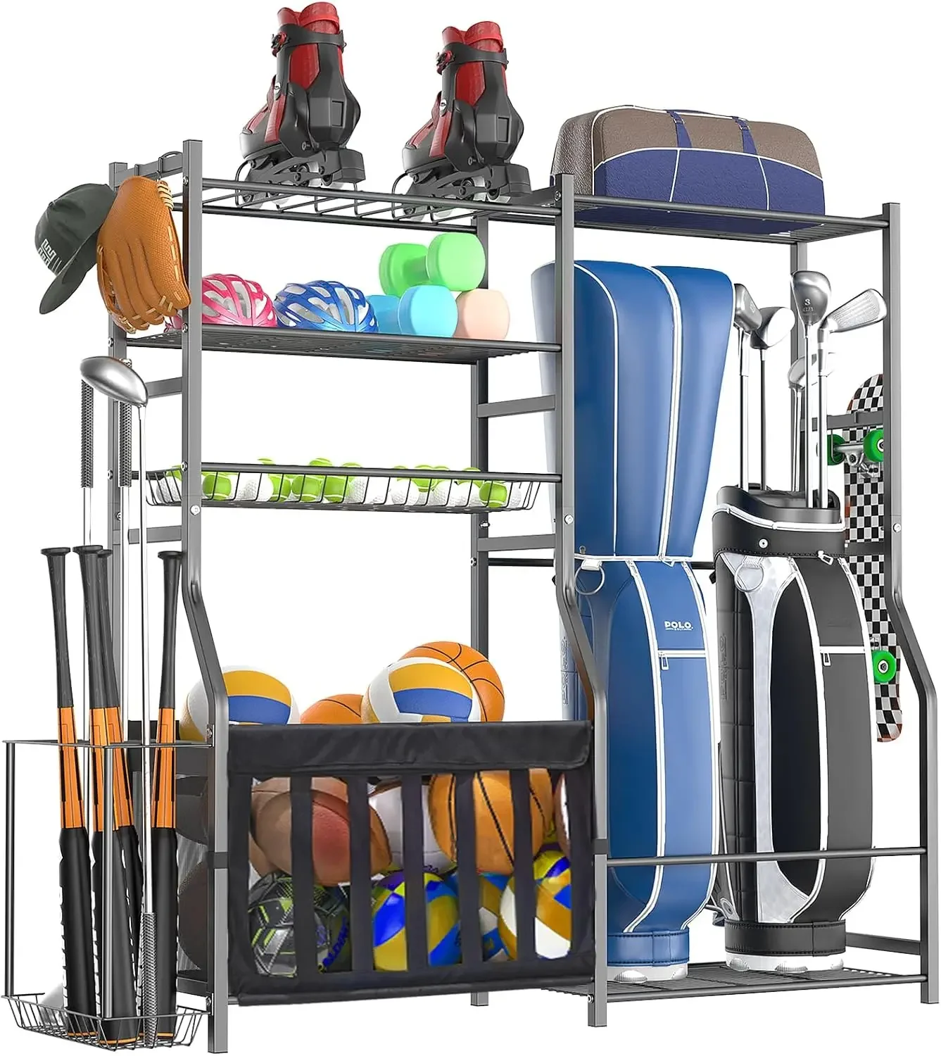 Golf Equipment Garage Organizer - 頑丈なガレージスポーツ用品オーガナイザー、オールインワンゴルフバッグ収納ラック、バスケットボール、バット用マルチスポーツボールホルダー