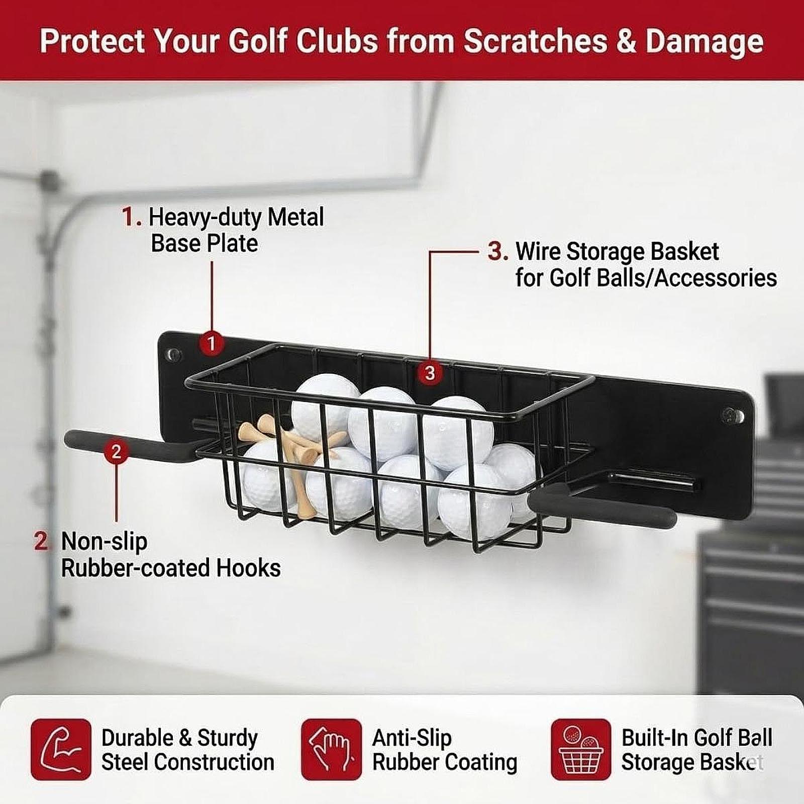 省スペースゴルフ用品壁掛けラック、金属製バッグホルダー、収納 - Golf Equipment Garage Organizer のレビューと価格