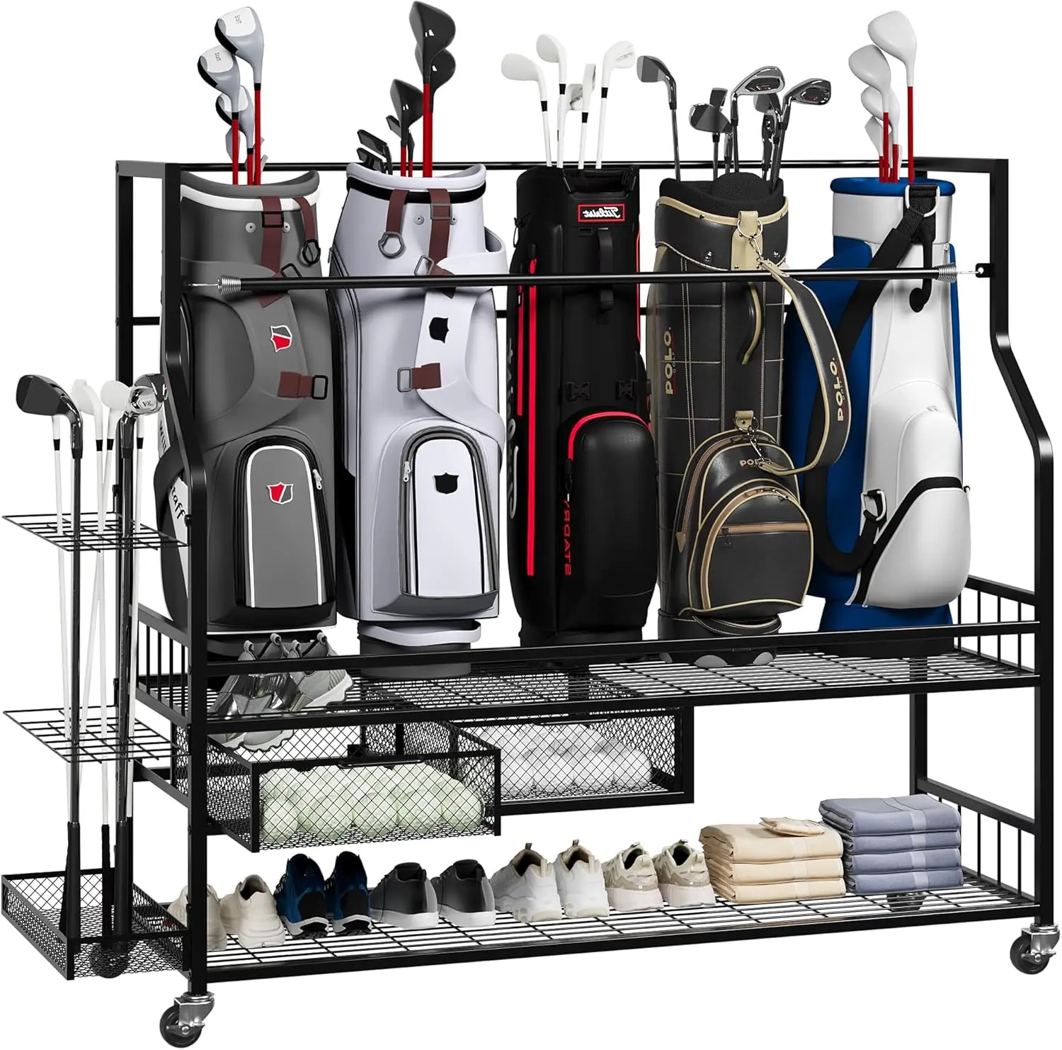 多機能ローリングゴルフバッグ収納棚（車輪付き）金属製スポーツ - Golf Equipment Garage Organizer のレビューと価格