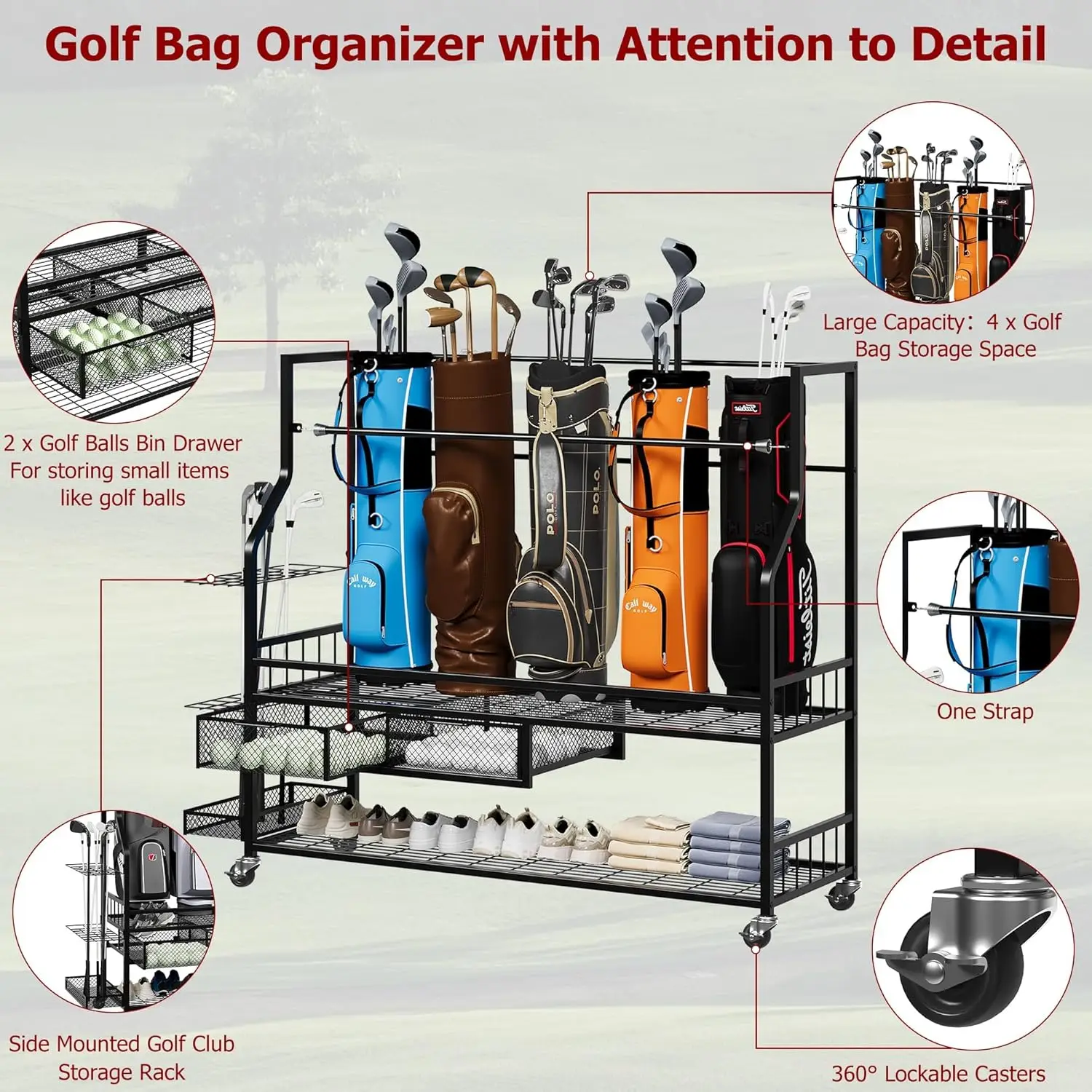 多機能ローリングゴルフバッグ収納棚（車輪付き）金属製スポーツ - Golf Equipment Garage Organizer のレビューと価格